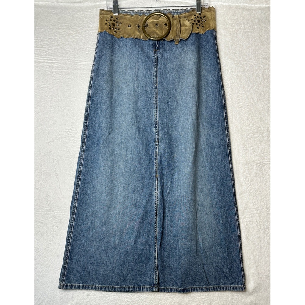 Angels Denim Maxi Skirt Women 7 Blue Y2K Grommet Belted Faux Suede Trim